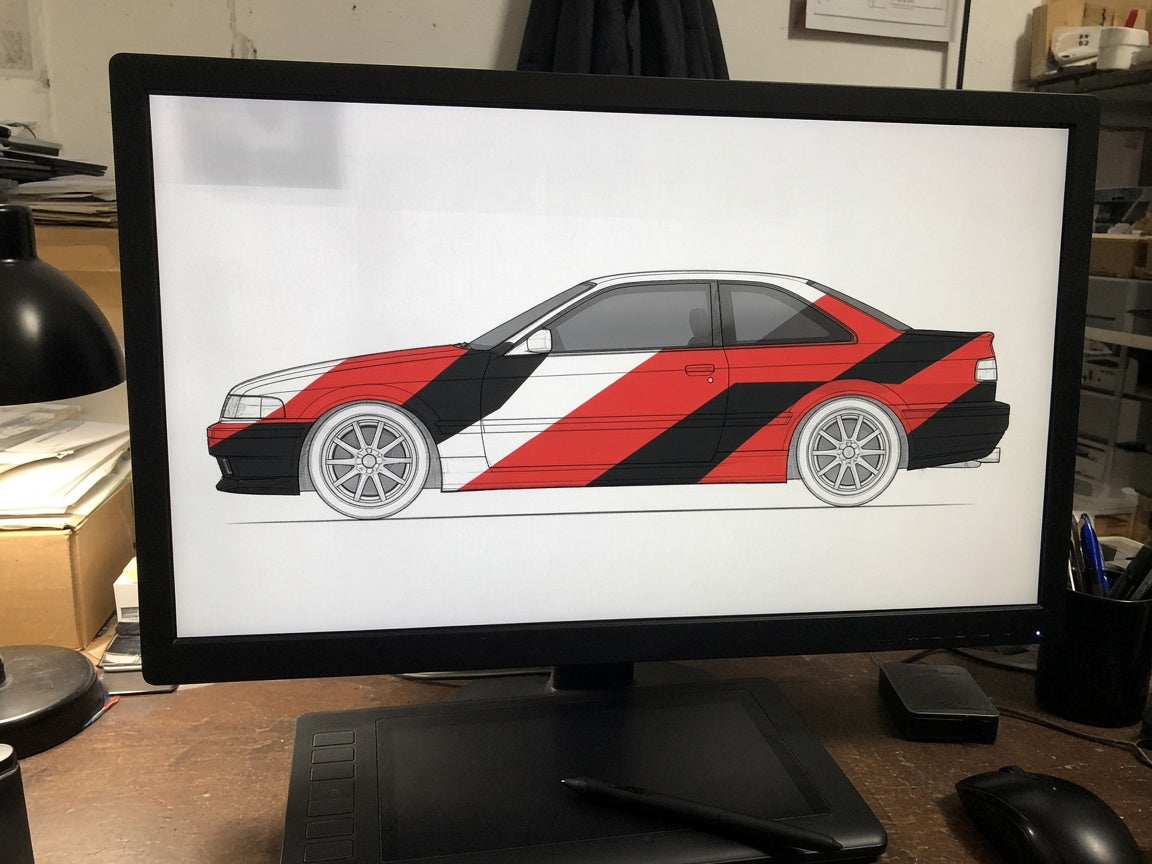 Custom livery design on a computer monitor with a drawing tablet