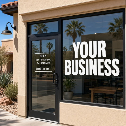 Storefront window vinyl business lettering by SauceN Design, El Paso TX