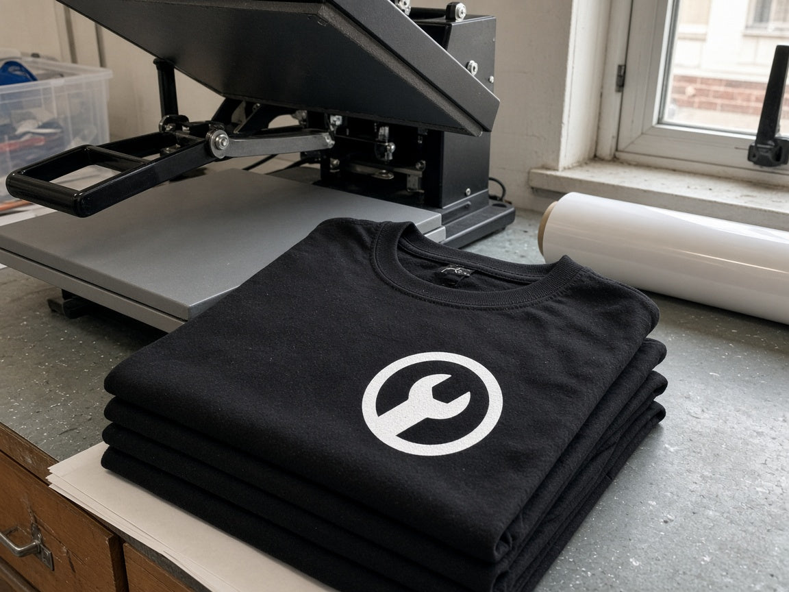 Stack of black custom logo shirts next to a heat press