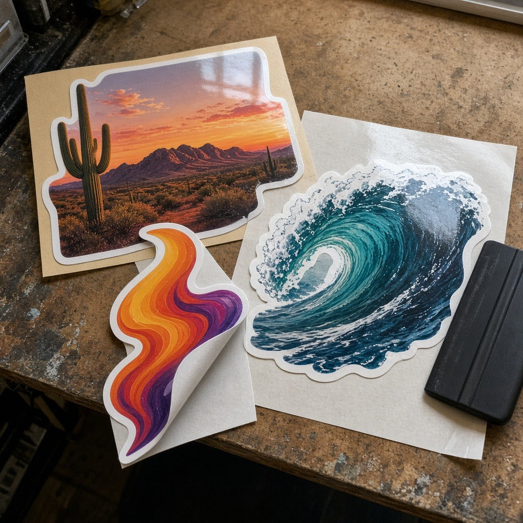 Custom full color printed vinyl stickers laid out on a workbench