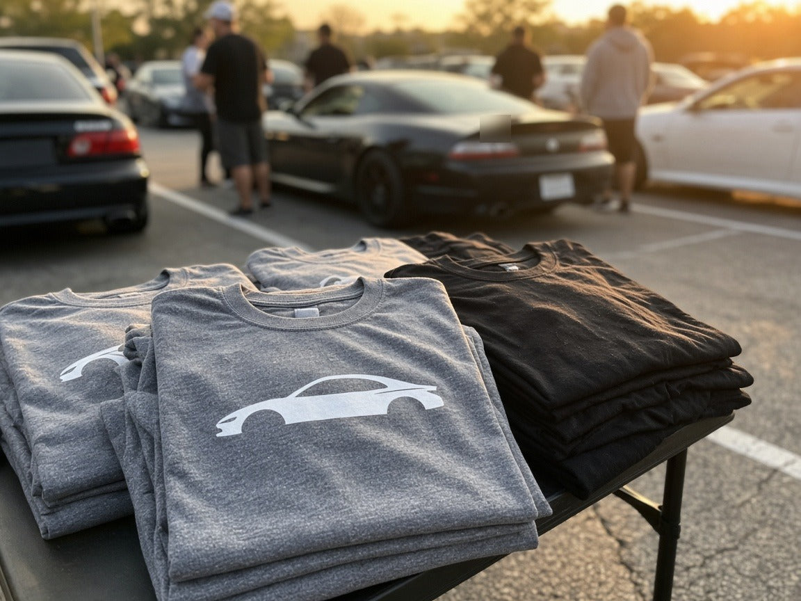Custom car meet event shirts on a table at a car meet