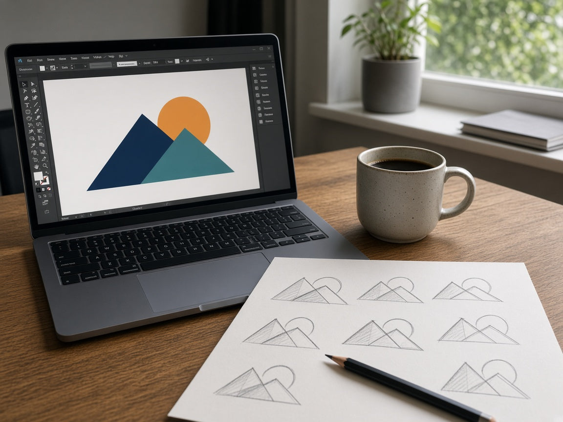 Custom logo design on a laptop with sketches on the desk