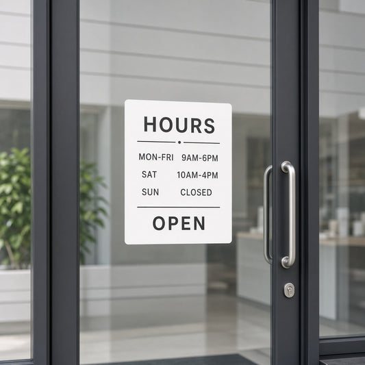 Custom store hours vinyl decal on glass door - SauceN Design El Paso