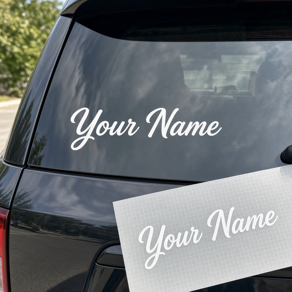 Custom cut vinyl name and text decal on car window - SauceN Design El Paso